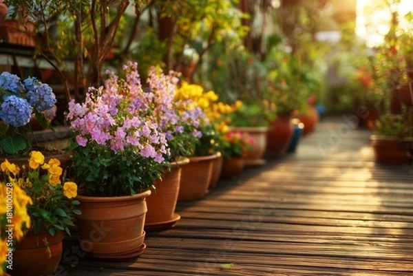Fototapeta Vibrant Flower Garden Path Lined With Colorful Pots in Warm Sunlight