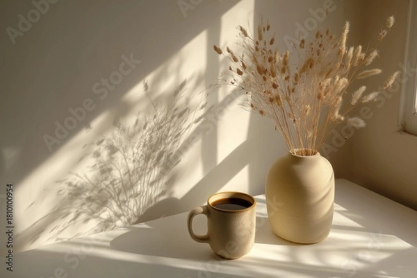 Fototapeta Warm Cup of Coffee Beside Elegant Vase With Dried Flowers in Soft Sunlight