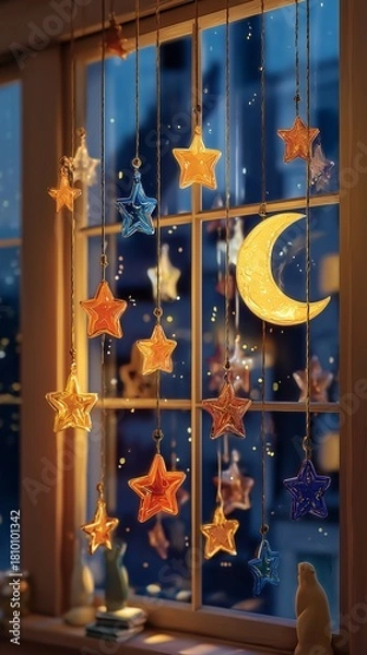 Fototapeta Colorful Hanging Stars and Moon Illuminate a Cozy Window at Dusk