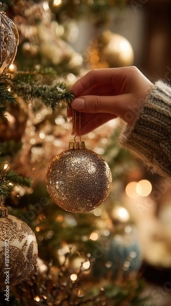Obraz Beautifully Decorated Christmas Tree With Golden Ornament Being Hung by Hand in Warm Setting