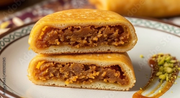 Fototapeta Halved sweet pancakes filled with a rich paste, stacked on a decorative plate with golden syrup and crushed pistachios, tasty dessert. illustration