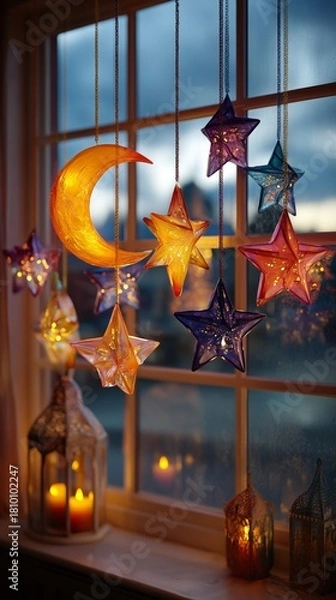 Fototapeta Colorful Star and Moon Decorations Brighten a Cozy Window at Dusk