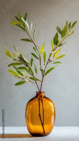 Obraz Vase With Green Branches on Neutral Background for Home Decor Inspiration