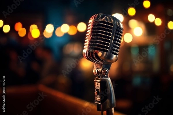 Fototapeta Vintage Microphone at a Lively Music Venue During an Evening Performance With Colorful Lights