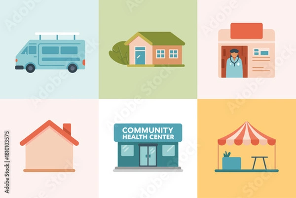 Obraz Community health services icons, ambulance vehicle, neighborhood clinic building, patient registration desk, outreach tent, public care facilities vector