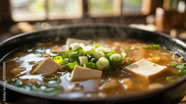 Fototapeta Macro photograph steaming miso soup with tofu and fresh scallions sunlight