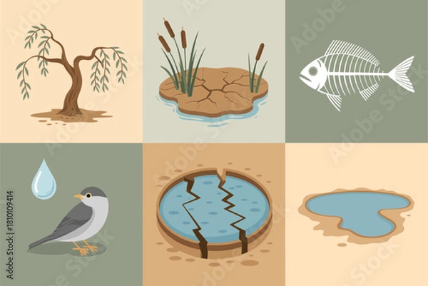 Fototapeta Drought crisis icon set, dying tree and marsh, fish skeleton, thirsty bird, cracked pond, shrinking lake surfaces