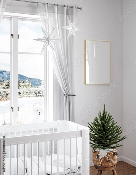 Fototapeta Festive poster frame mockup, cozy white nursery decorated for Christmas, 3d render