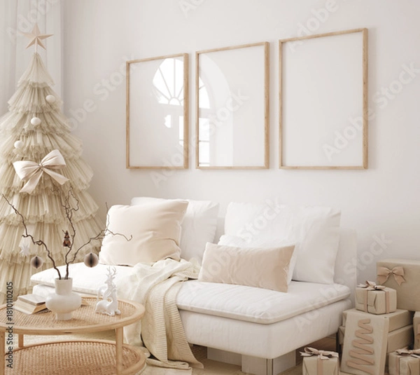 Fototapeta Mockup frame in interior decorated for Christmas time, room in light pastel colors, Scandi-Boho style, 3d render
