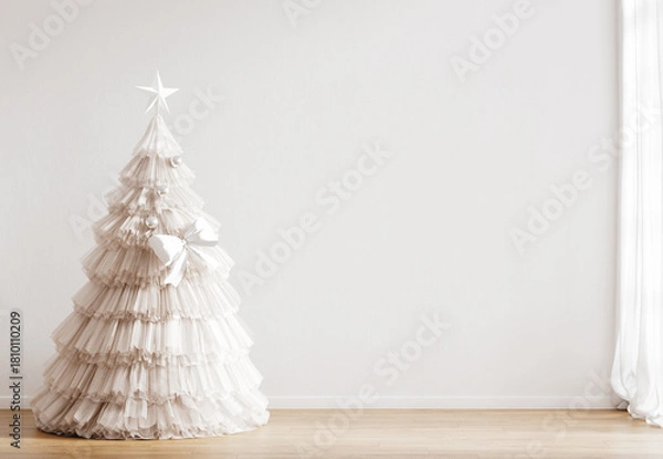 Fototapeta Original Christmas tree in Scandinavian interior. Blank wall background. 3d render