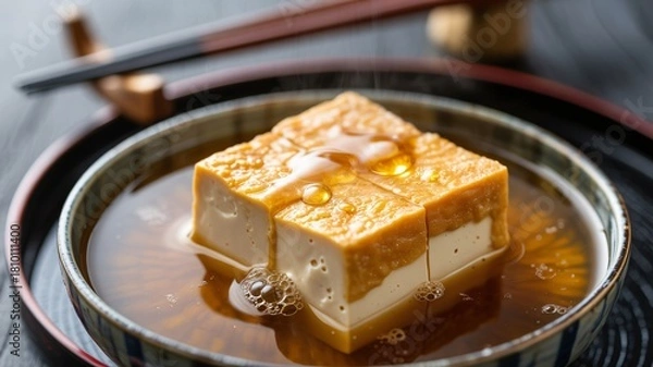 Obraz Ultra sharp macro photograph thick piece simmered tofu broth soy sauce