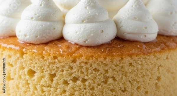 Fototapeta Delicious sponge cake with fluffy white whipped cream topping and sweet syrup glaze, a delectable dessert ready to be served. illustration