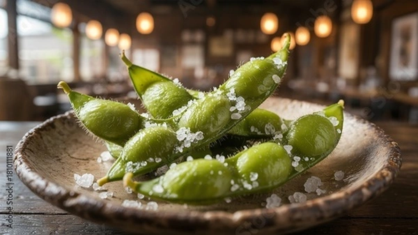 Obraz Ultra high resolution macro photograph edamame pods sprinkled sea salt rustic plate