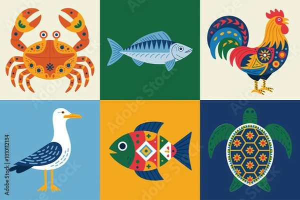 Fototapeta Ocean and wildlife tiles, cheerful crab, blue fish, colorful rooster, seagull standing, patterned fish, decorative turtle vector
