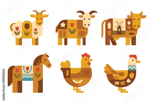 Fototapeta Geometric farm animal icons, boxy cows, goats, horses, chickens, playful shapes, naive folk style, vector illustration
