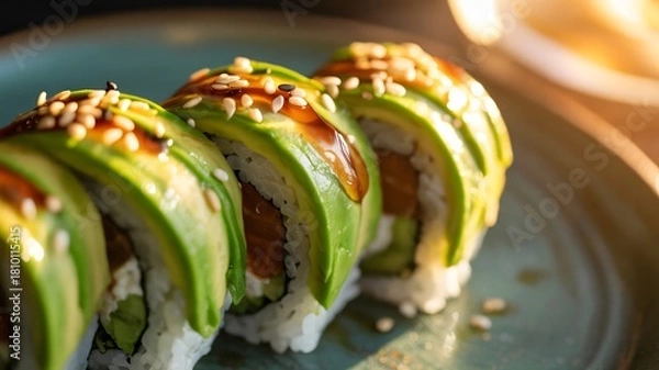Obraz Close up vibrant sushi rolls topped avocado eel sauce sesame seeds