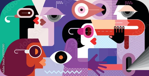 Fototapeta A group of concerned people communicating with each other. Flat design vector illustration, modern art.