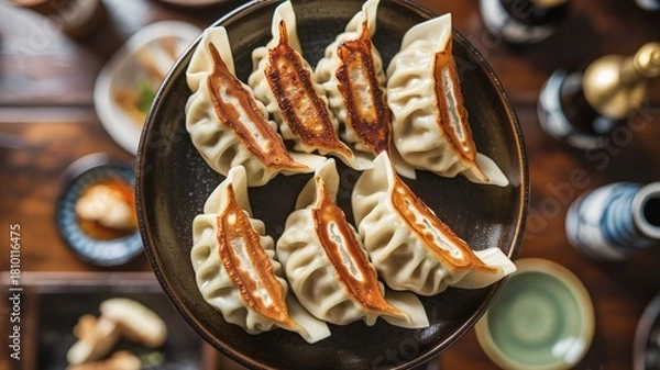 Obraz Detailed macro photograph pan seared potstickers gyoza dumplings on dark plate table