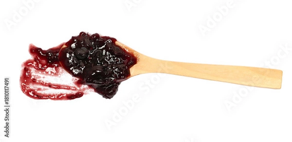 Obraz Black berry mixture jam spread, blackberries, blueberries, chokeberry in wooden spoon isolated on white background, top view