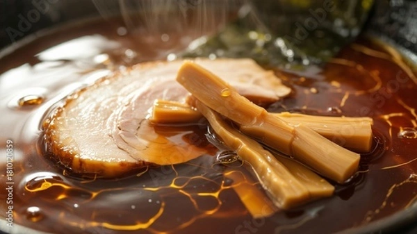 Obraz Hyper detailed macro photograph glossy chashu pork bamboo shoots ramen soup
