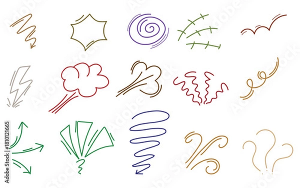 Fototapeta Various hand drawn weather effects and motion lines in different colors on white 
