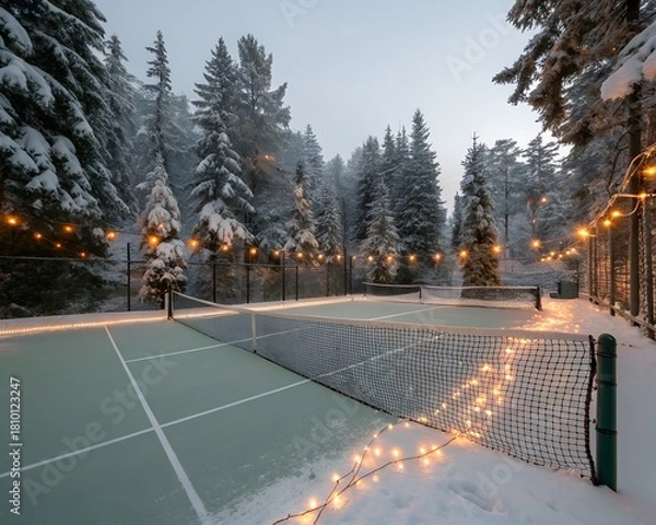 Fototapeta Snow-covered outdoor court illuminated by festive string lights in a winter forest.