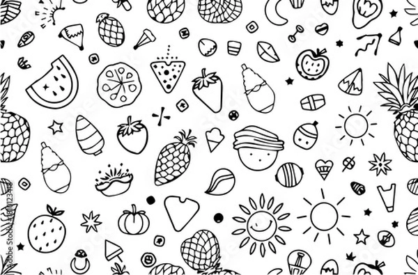 Fototapeta Seamless Hand Drawn Summer Fruits Doodle Pattern