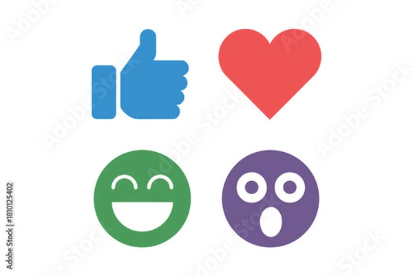 Obraz Like and love icons, thumbs up, red heart, happy face, surprised bubble, clean emoji set, social vector