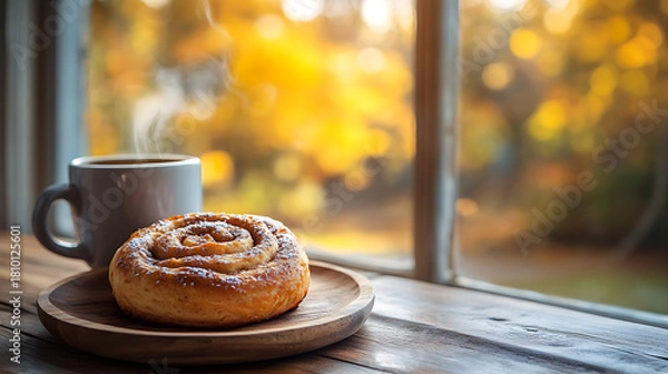 Fototapeta Warm cinnamon roll and steaming coffee on a wooden table by a window with soft autumn colors creating a cozy and inviting morning atmosphere