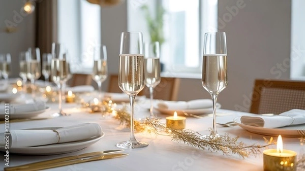 Obraz Christmas and wedding festive table setting with elegant dinnerware and decorations