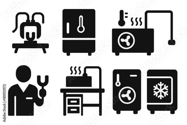Obraz Magnetic Refrigeration Icons. Solid style icons of laboratory magnetic refrigeration setups: test rig with coil and core, lab
