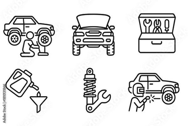 Fototapeta Rally Car Maintenance Icons. Line style icons of rally vehicle maintenance: tire change scene, engine hood open, tool kit, oil