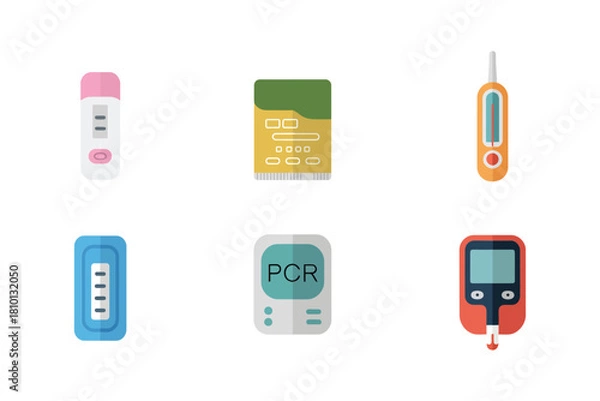 Fototapeta Point of care testing icons, lateral flow cassette, sample reader module, thermometer, pcr device, portable glucometer, clinical vector