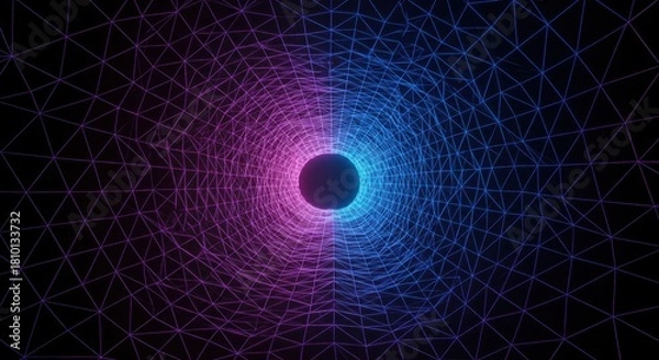 Obraz Glowing wireframe tunnel structure converges toward a central sphere against a dark background