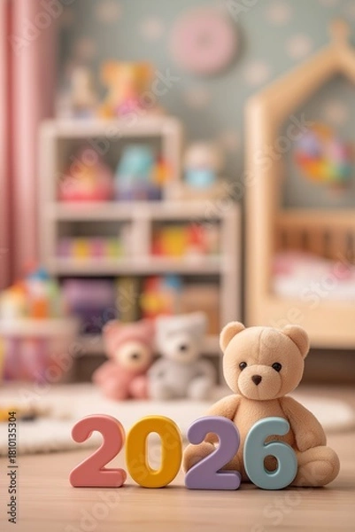 Fototapeta Soft teddy bear with colorful numbers 2026 in a bright and cozy nursery setting for a memorable year, children's toy store furniture