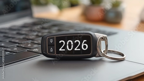 Fototapeta Key fob featuring the year 2026 resting on a laptop keyboard in a home office setting, remote control
