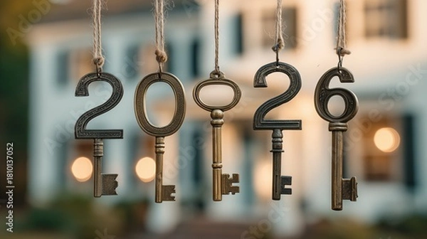 Fototapeta Old keys hanging on strings mark the years 2026 outside a charming house during the evening light, real estate, purchase