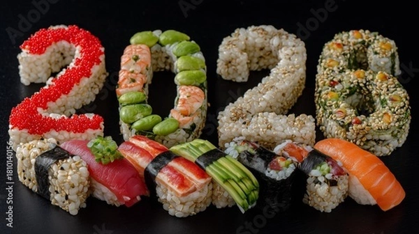 Fototapeta Sushi artistry creates the numbers 2026 in colorful rice and fresh ingredients representing a creative celebration of the new year