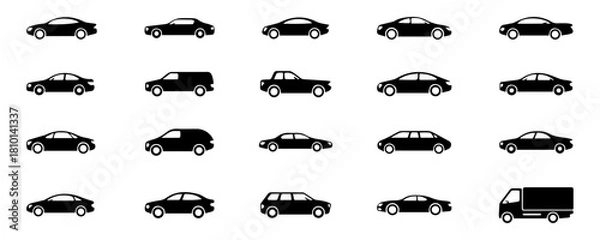 Fototapeta Car Silhouette Icon Set: Black Vector Graphics of Sedans, SUVs, Coupes, and Hatchbacks for Automotive, Map, and Transport Design