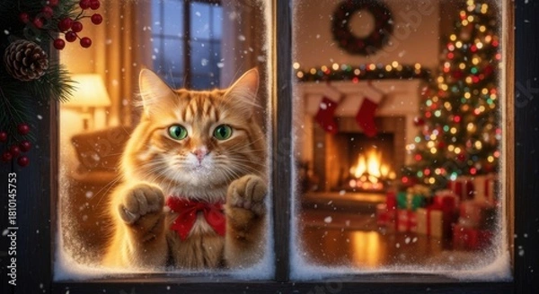 Fototapeta Cat with red bow looking through window at Christmas tree and fireplace — ideal for cozy home, hygge and holiday content.