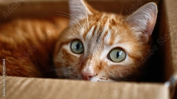 Fototapeta A curious orange tabby cat lounges inside a cozy cardboard box eyes wide open and alert.