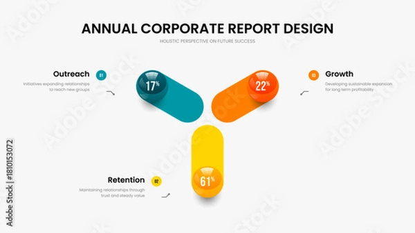 Fototapeta Sales Performance Frame Template Vector Illustration. Corporate Report Three Element Chart Slide Design. Minimal Forecast 3 Option Graph Slideshow Layout.