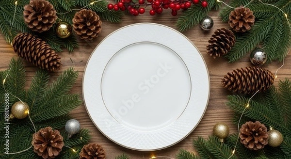 Fototapeta Overhead shot of the holiday place setting, emphasizing the textures of the pine needles, wood grain, and smooth ceramic.