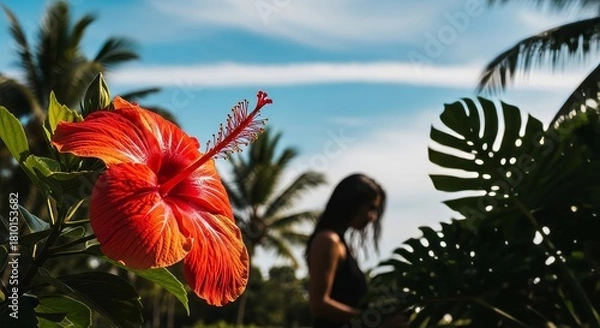 Fototapeta A dreamy summer scene shows a bright red flower dominating the foreground, overlooking a figure of a girl standing quietly in the distance.