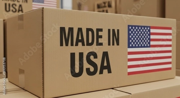 Obraz The combination of the USA flag and the "MADE IN USA" label clearly indicates domestic production on the cardboard packaging.