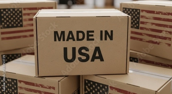 Obraz A close-up of the essential shipping label indicates production origin and emphasizes themes of commerce and logistics.