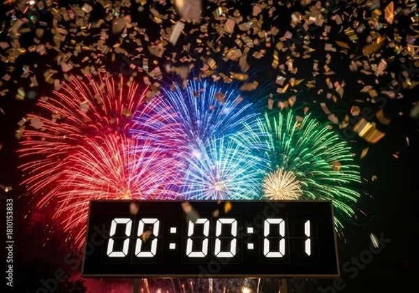 Obraz The festive scene captures the excitement of the moment as a large, stylized countdown timer nears zero beneath the exploding colorful fireworks.