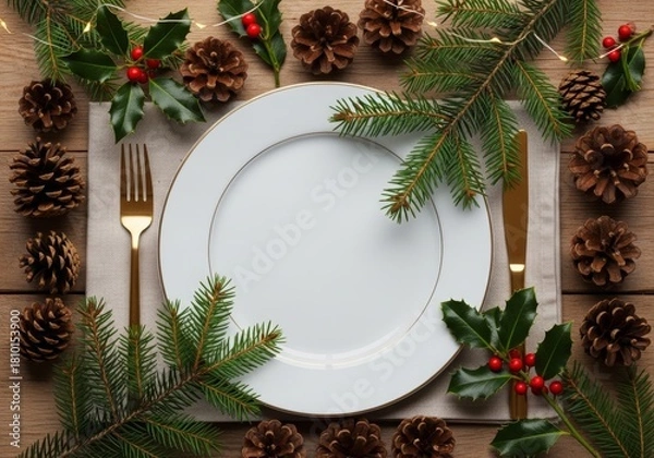 Obraz This festive tablescape features a minimalist white plate set against a rich, dark background of natural holiday decorations.