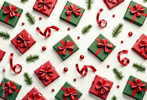 Fototapeta Seamless pattern with Christmas presents and ribbons, bright festive colors