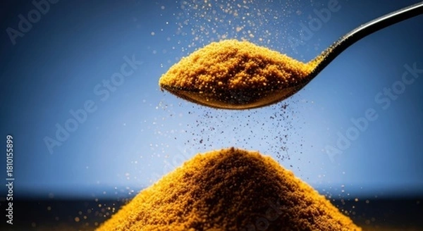 Fototapeta A spoonful of vibrant golden turmeric powder poured onto a pile against a soft blue background